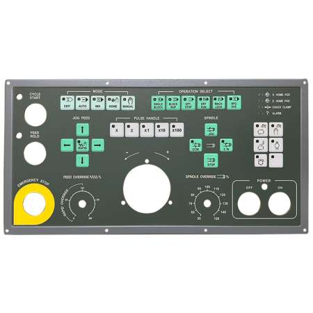 OP PCB Board Assembly for DOOSAN models with various control buttons and dials, including emergency stop and spindle override.
