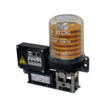 A-Ryung Oil Mist Lubrication Pump AGP-DG10 featuring a small electric fixed-quantity grease pump, transparent grease reservoir, and built-in digital control device for easy lubrication management. Ideal for injection molding machines and various industria