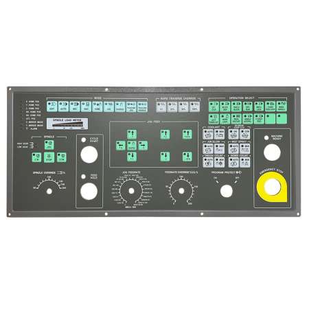 OP PCB Board Assembly for DOOSAN models with various control buttons, dials, and emergency stop button.