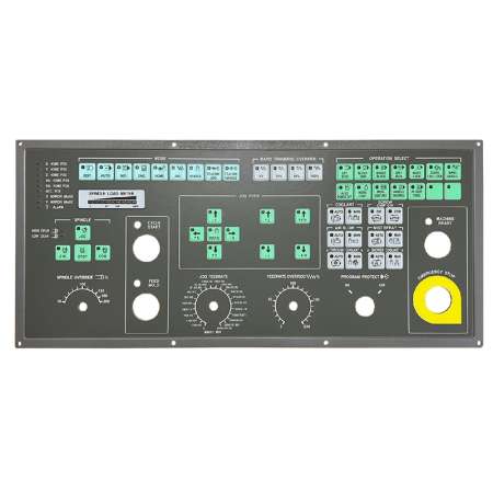 OP PCB Board Assembly for DOOSAN models with various control buttons, dials, and emergency stop button.