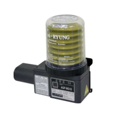 A-Ryung Oil Mist Lubrication Pump AGP-MG10 featuring a compact grease pump with a transparent cartridge exchange system for clean and efficient lubrication management. Ideal for machine tools and various industrial machinery applications.