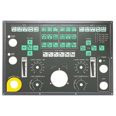 OP PCB Board Assembly for DOOSAN models with various control buttons, dials, and emergency stop button.