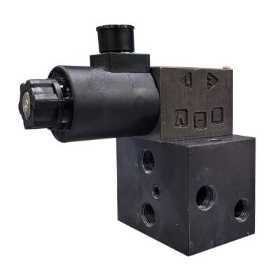Close-up view of a modular valve featuring standardized mounting surfaces and multiple ports for hydraulic connections, designed for easy assembly and integration into hydraulic circuits