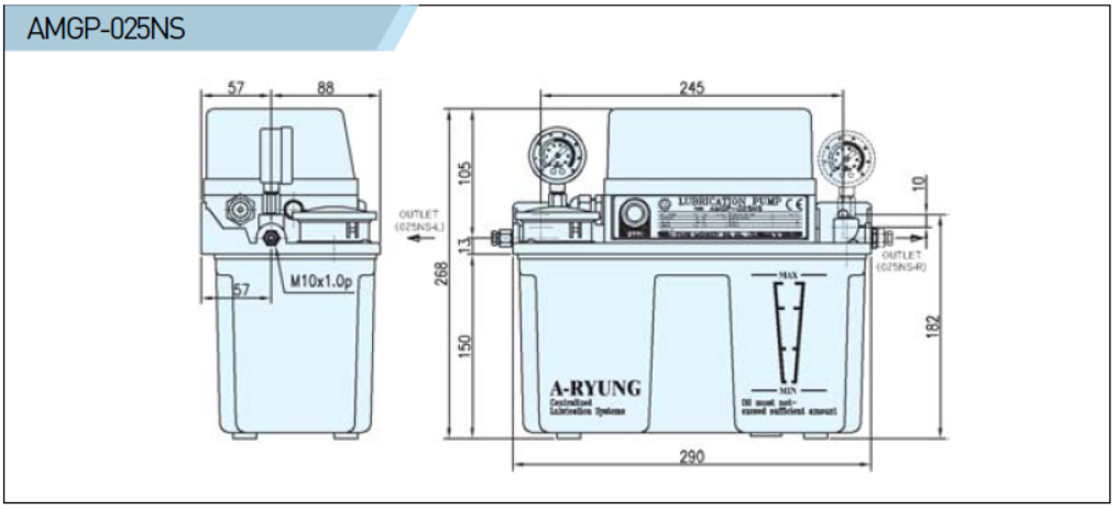 external dimensions of the A-Ryung lubrication pump AMGP-025NS-L-TO3